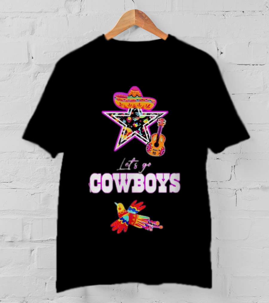 Let's Go Cowboys Mexican Folk Sombrero Star Guitar Bird T-Shirt