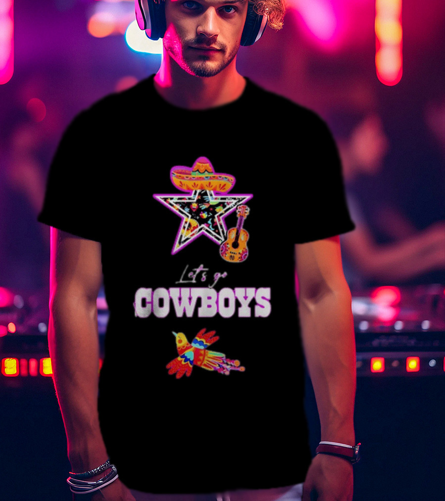 Let's Go Cowboys Mexican Folk Sombrero Star Guitar Bird T-Shirt