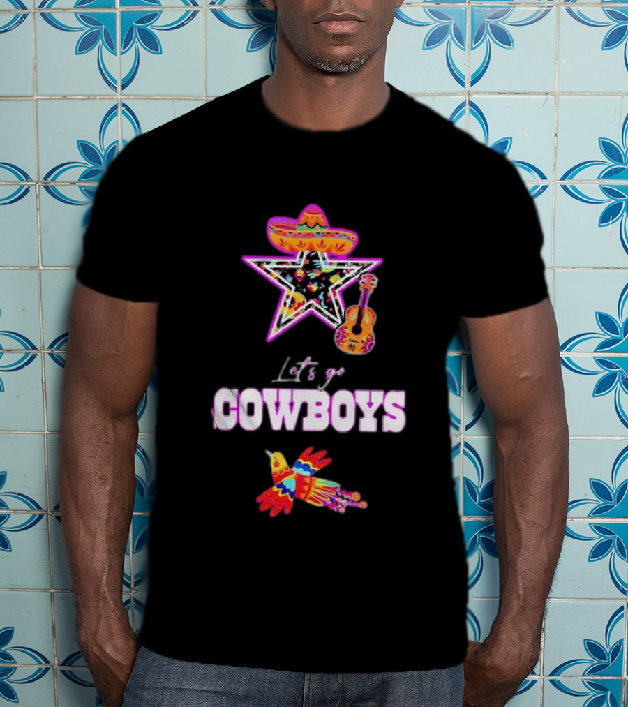 Let's Go Cowboys Mexican Folk Sombrero Star Guitar Bird T-Shirt
