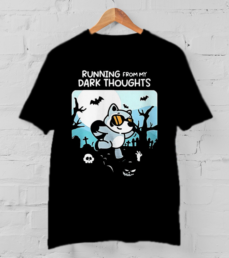 Raccoon Running From My Dark Thoughts Moonlight Bats And Graveyard Scene T-Shirt