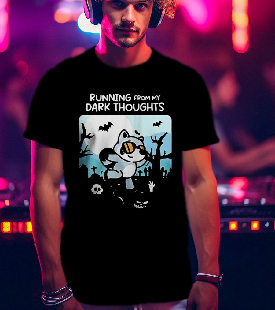 Raccoon Running From My Dark Thoughts Moonlight Bats And Graveyard Scene T-Shirt