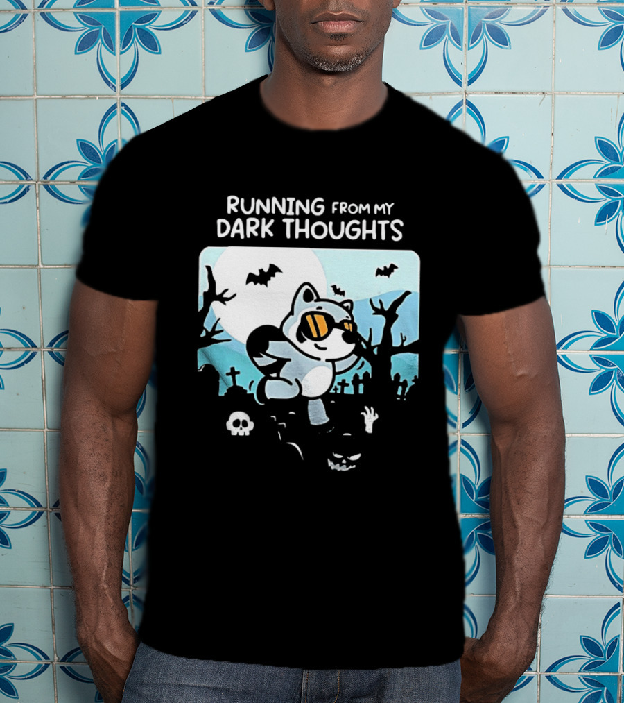 Raccoon Running From My Dark Thoughts Moonlight Bats And Graveyard Scene T-Shirt