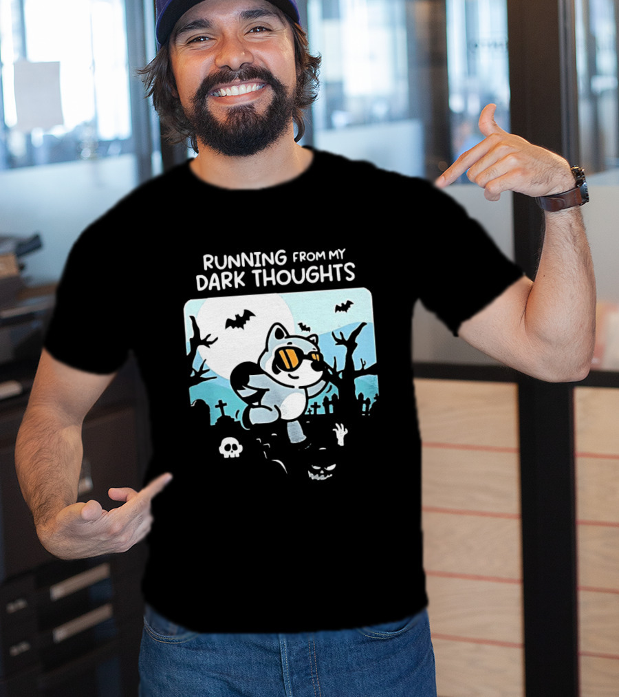 Raccoon Running From My Dark Thoughts Moonlight Bats And Graveyard Scene T-Shirt