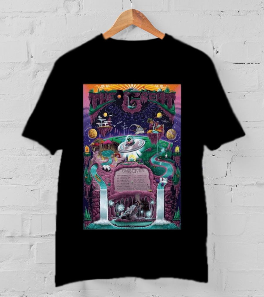 The Great Outdoors Fall Tour 2026 Cosmic Adventure Spaceships Waterfalls Planets T-Shirt