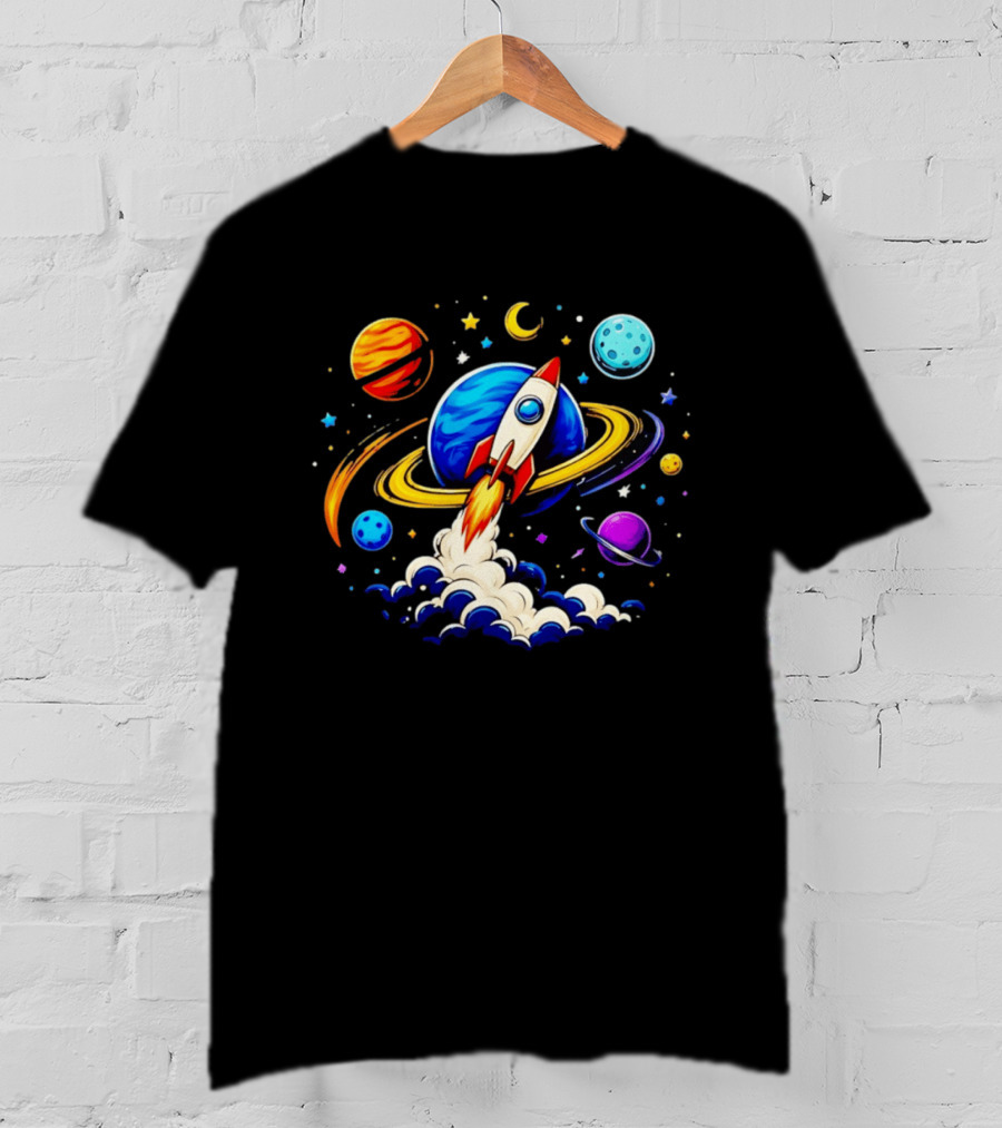 Space Rocket Launch With Vibrant Orbiting Planets And Stars T-Shirt