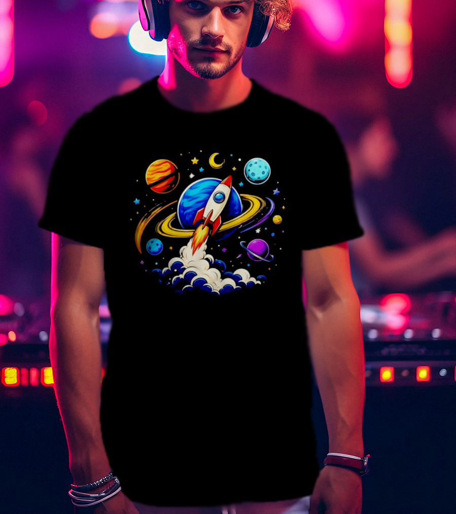 Space Rocket Launch With Vibrant Orbiting Planets And Stars T-Shirt