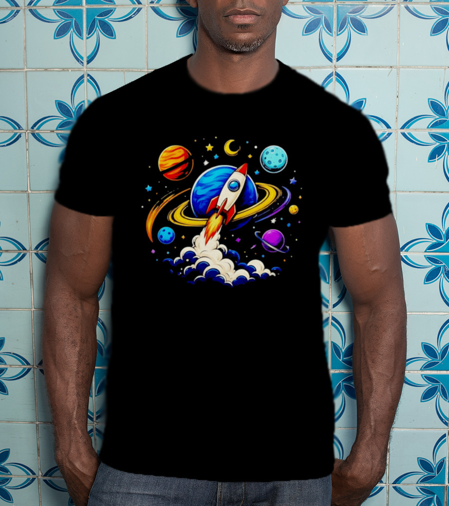 Space Rocket Launch With Vibrant Orbiting Planets And Stars T-Shirt