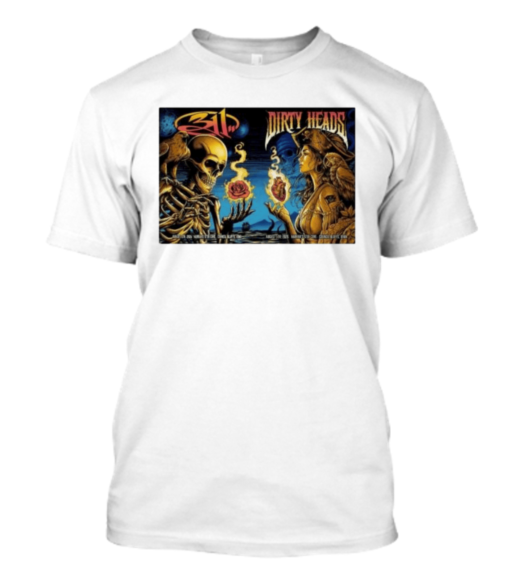 311 X Dirty Heads August 5 2026 Council Bluffs Iowa Harrah's Stir Cove Exclusive Set Skeleton Pirate Roses T-Shirt