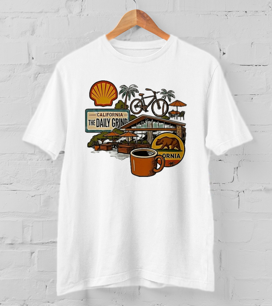 California The Daily Grind Shell Coffee Bear Bike Palms T-Shirt