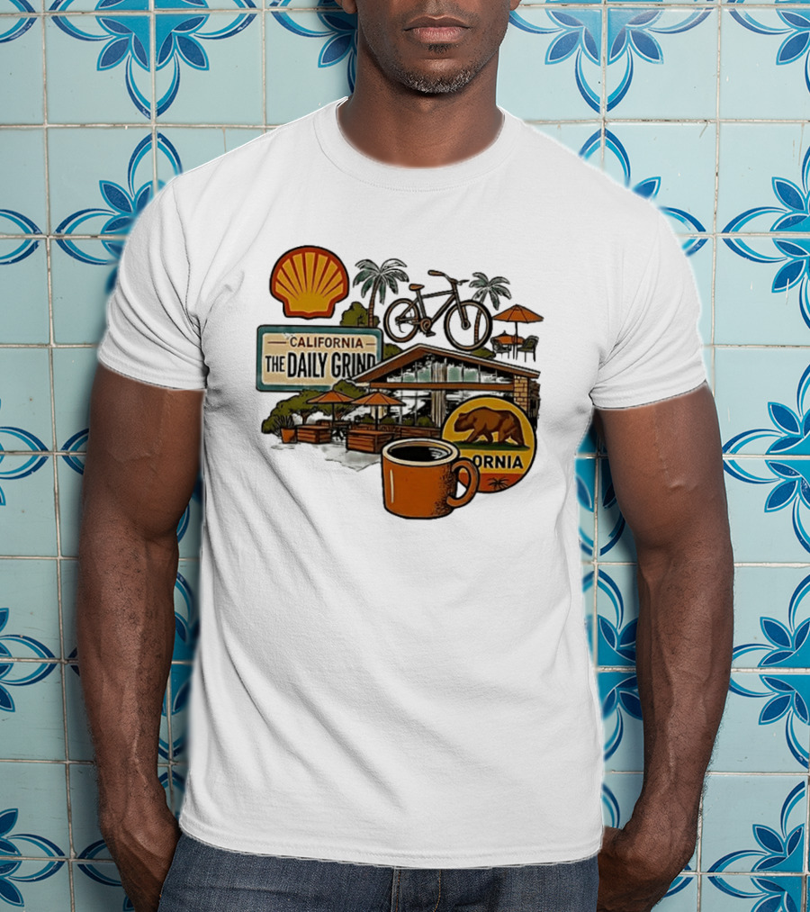 California The Daily Grind Shell Coffee Bear Bike Palms T-Shirt