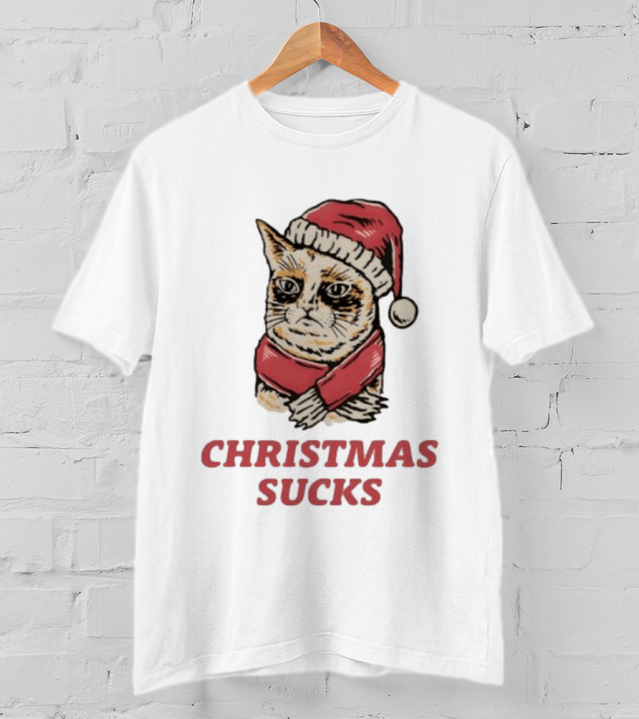 Cat Santa Hat Christmas Sucks Grumpy Humor T-Shirt