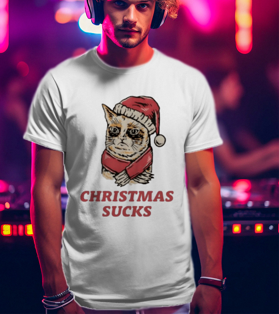 Cat Santa Hat Christmas Sucks Grumpy Humor T-Shirt