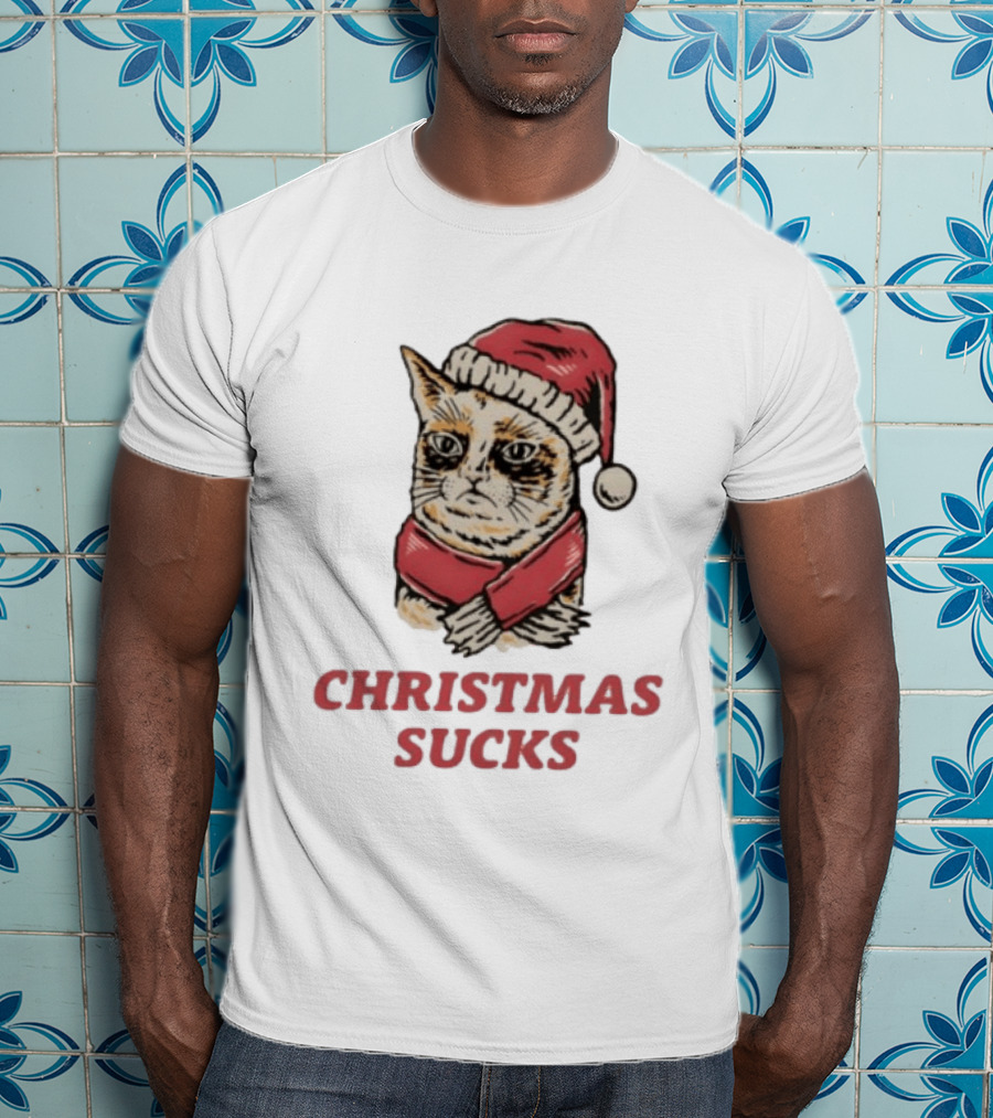 Cat Santa Hat Christmas Sucks Grumpy Humor T-Shirt