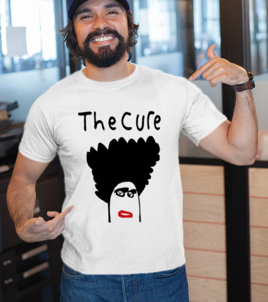 Kieran Maguire Wearing The Cure Text Bold Face Black Hair Red Lips T-Shirt