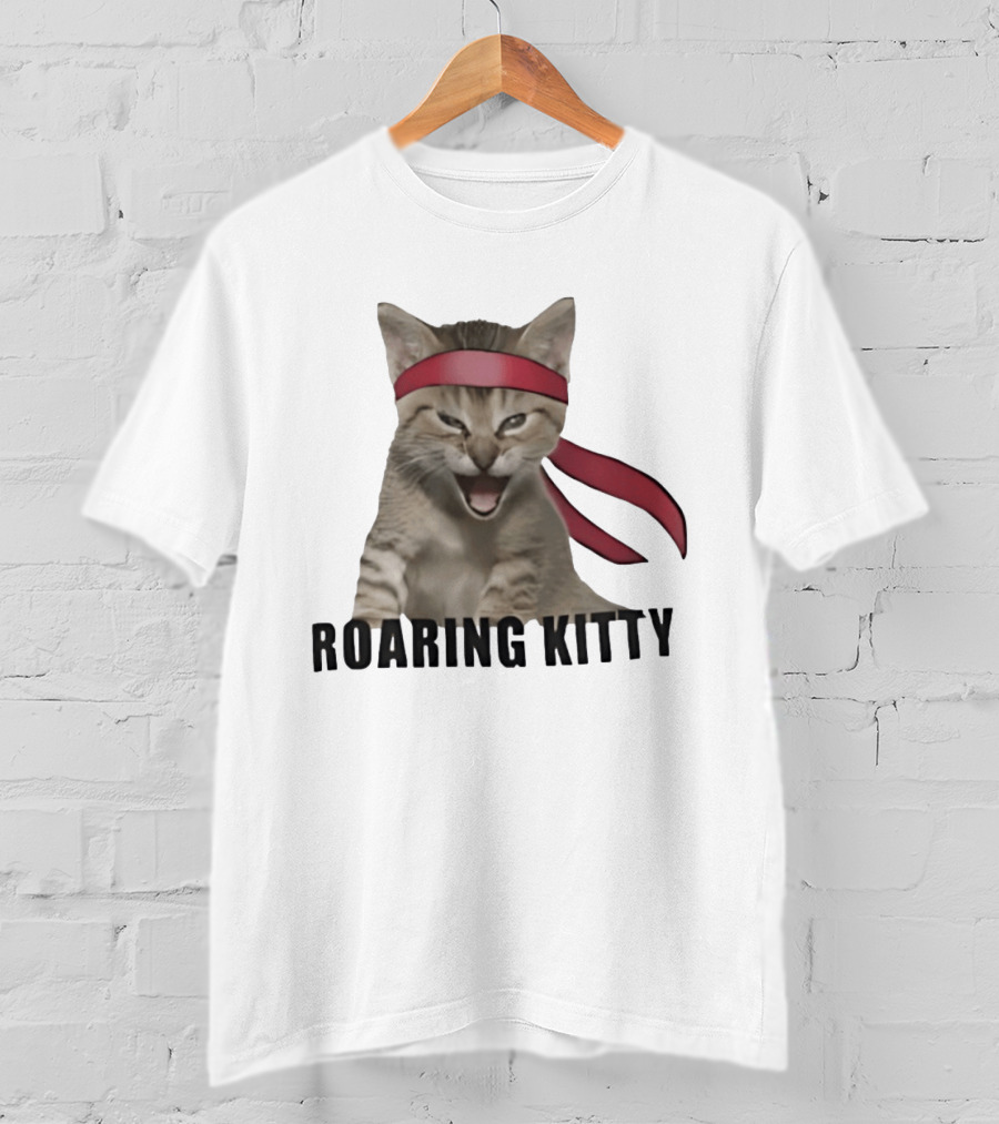 Roaring Kitty Kitten In Red Headband Stock Market Meme T-Shirt