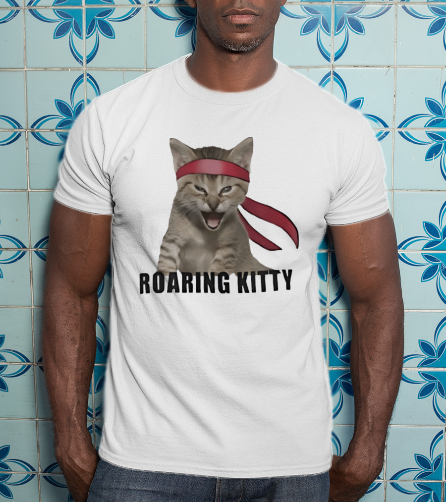 Roaring Kitty Kitten In Red Headband Stock Market Meme T-Shirt
