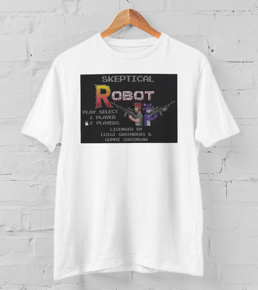Skeptical Robot Play Select Luigi Greenberg Gummi Chainsaw T-Shirt
