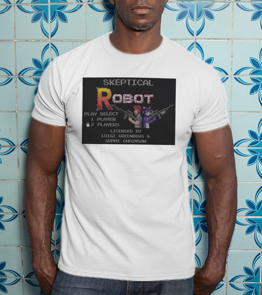 Skeptical Robot Play Select Luigi Greenberg Gummi Chainsaw T-Shirt