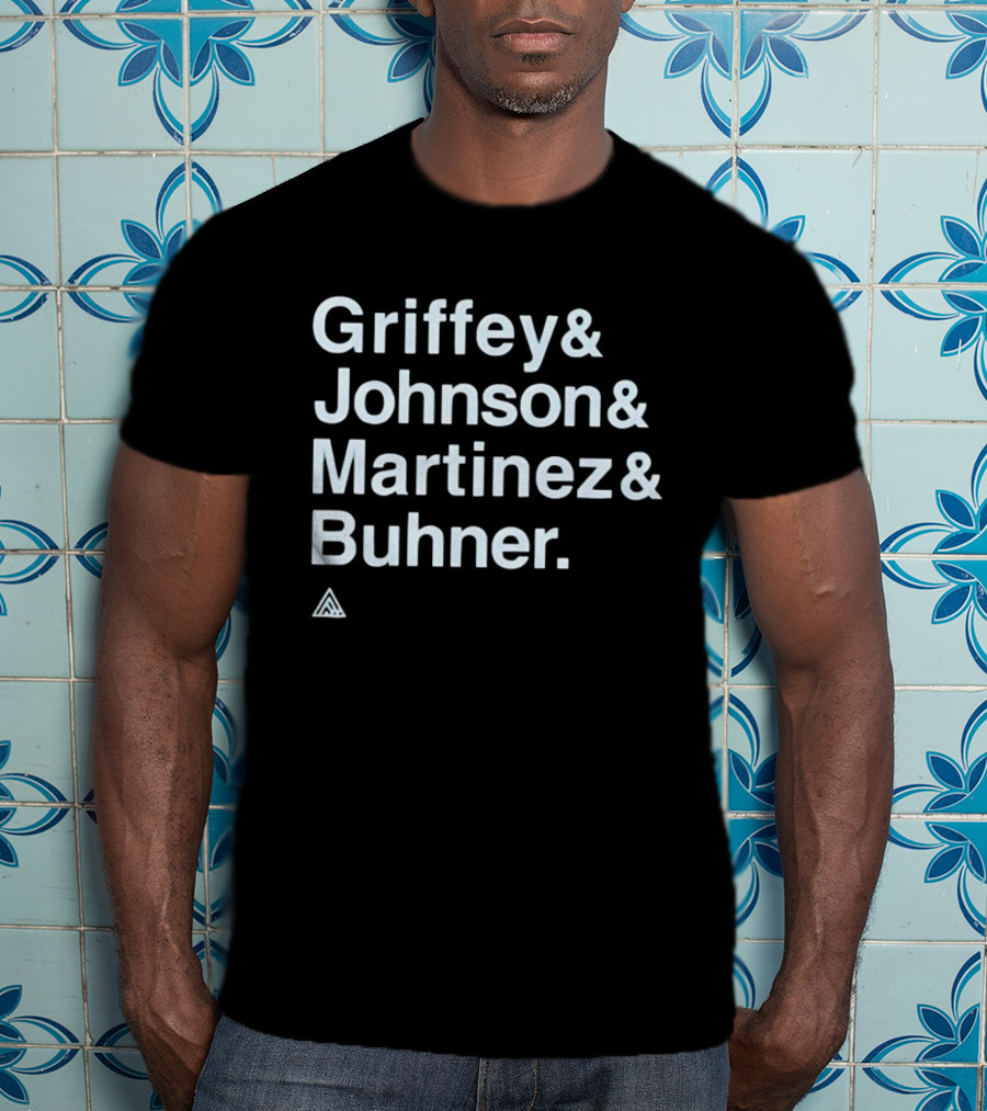 Griffey Johnson Martinez Buhner White Sans Serif Text Triangular T-Shirt