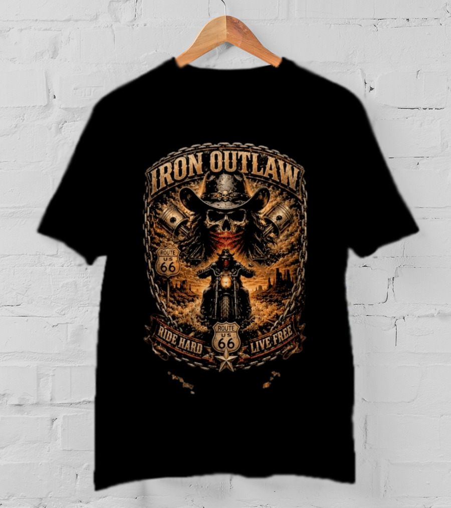 Iron Outlaw Cowboy Skull Motorcycle Route 66 Ride Hard Live Free T-Shirt