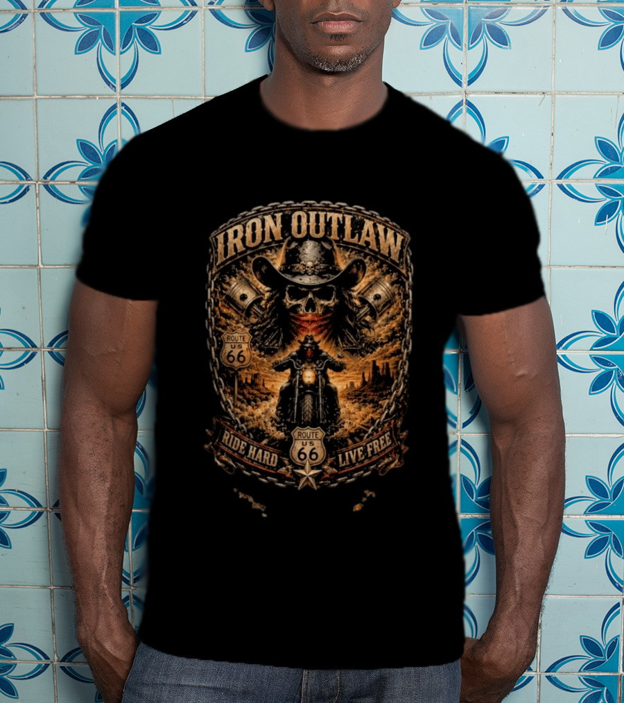 Iron Outlaw Cowboy Skull Motorcycle Route 66 Ride Hard Live Free T-Shirt