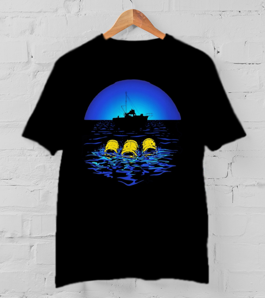 Jaws Orca Boat With Yellow Barrels Steven Spielberg Retro Ocean Scene T-Shirt