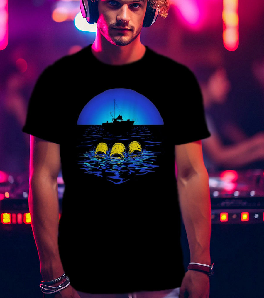 Jaws Orca Boat With Yellow Barrels Steven Spielberg Retro Ocean Scene T-Shirt