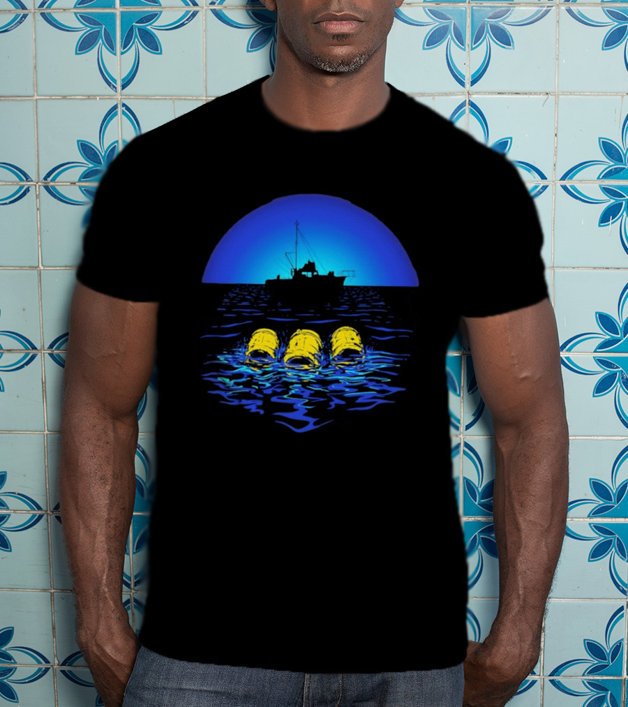Jaws Orca Boat With Yellow Barrels Steven Spielberg Retro Ocean Scene T-Shirt