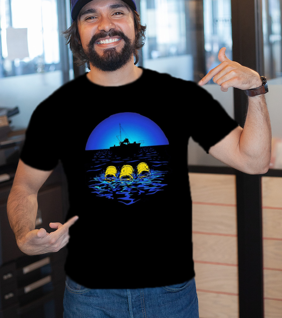 Jaws Orca Boat With Yellow Barrels Steven Spielberg Retro Ocean Scene T-Shirt