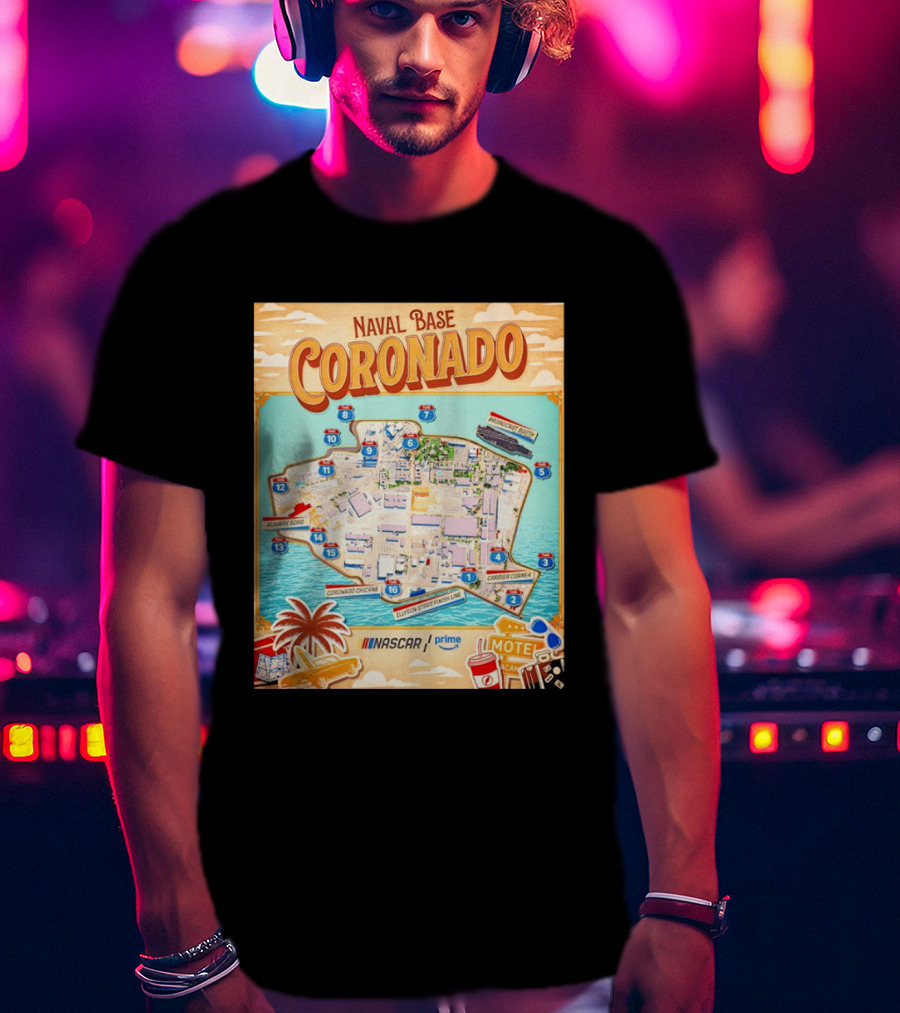 Naval Base Coronado Map NASCAR Prime Ellyson Start Finish Line Broadcast Booth T-Shirt