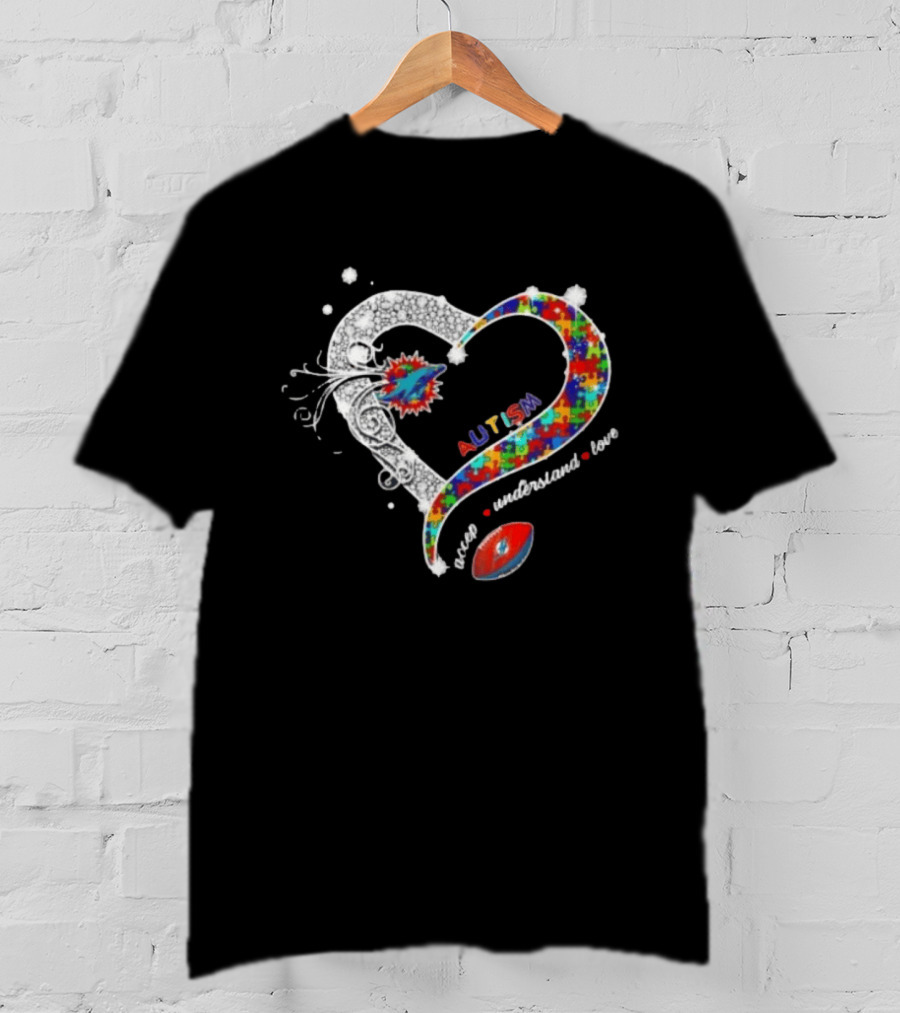 Miami Dolphins Autism Accept Understand Love Heart Diamond Puzzle T-Shirt