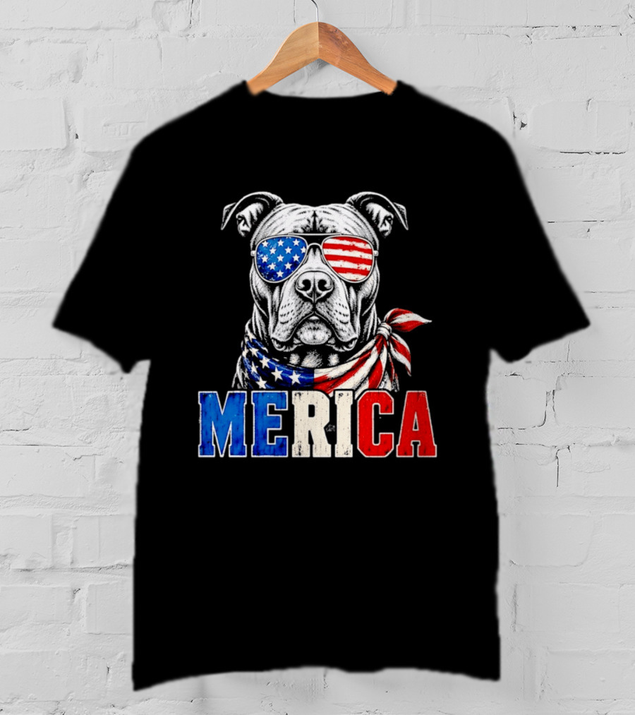 Patriotic Pit Bull Merica Dog With American Flag Sunglasses And Bandana T-Shirt