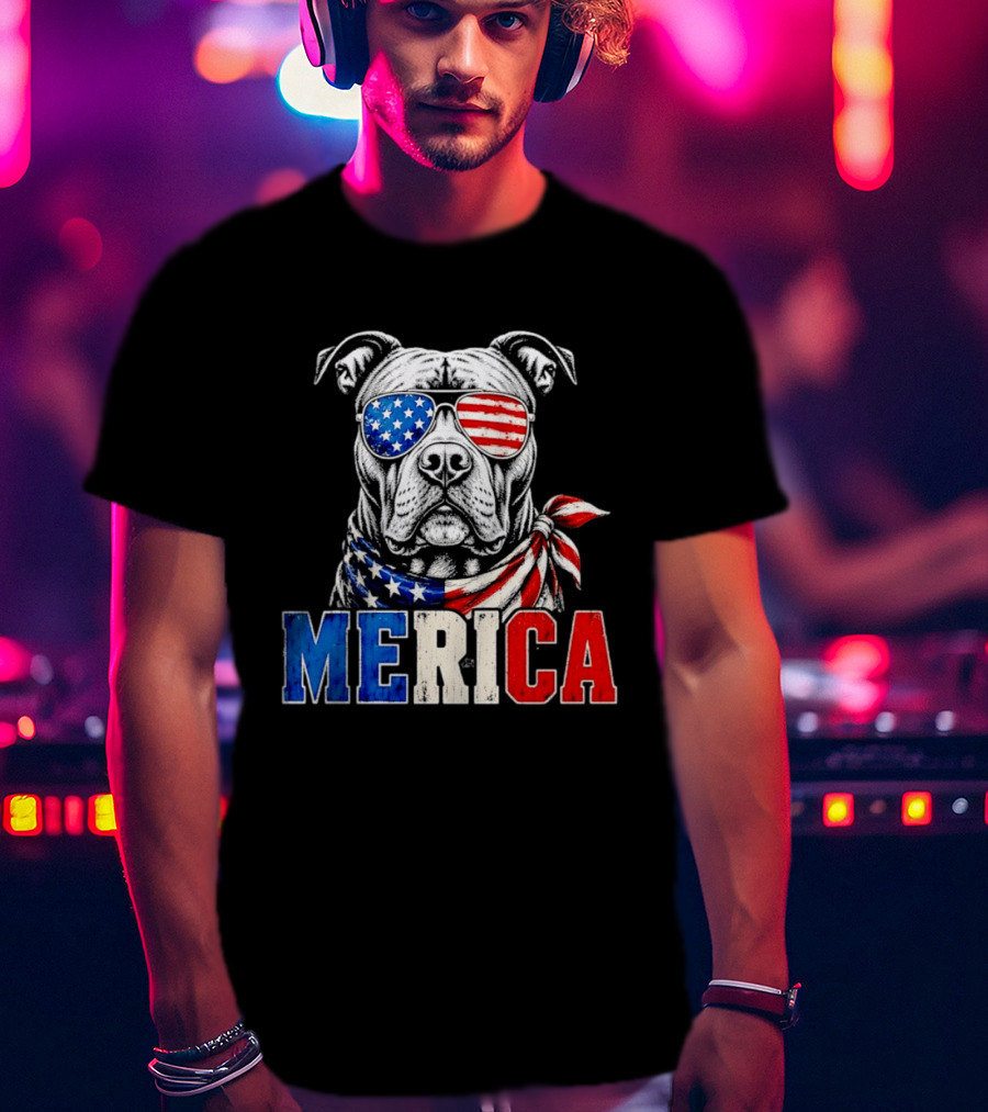 Patriotic Pit Bull Merica Dog With American Flag Sunglasses And Bandana T-Shirt