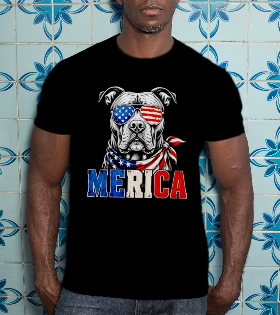 Patriotic Pit Bull Merica Dog With American Flag Sunglasses And Bandana T-Shirt