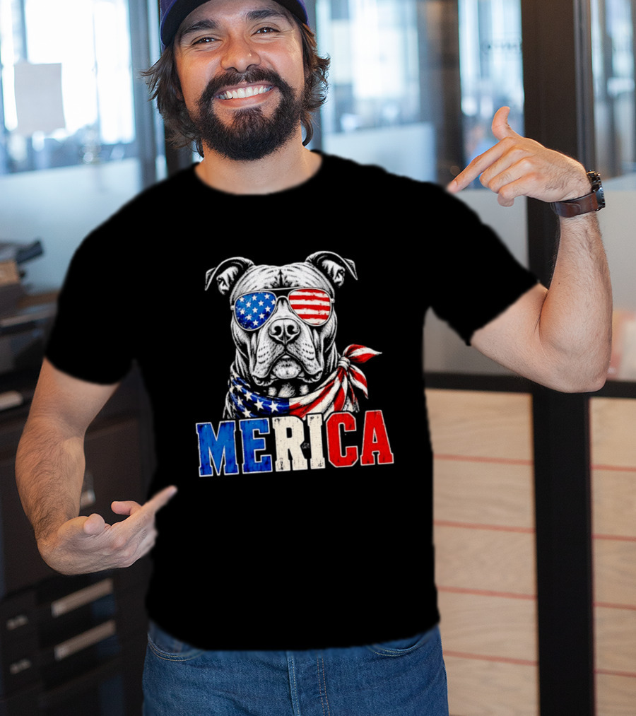 Patriotic Pit Bull Merica Dog With American Flag Sunglasses And Bandana T-Shirt