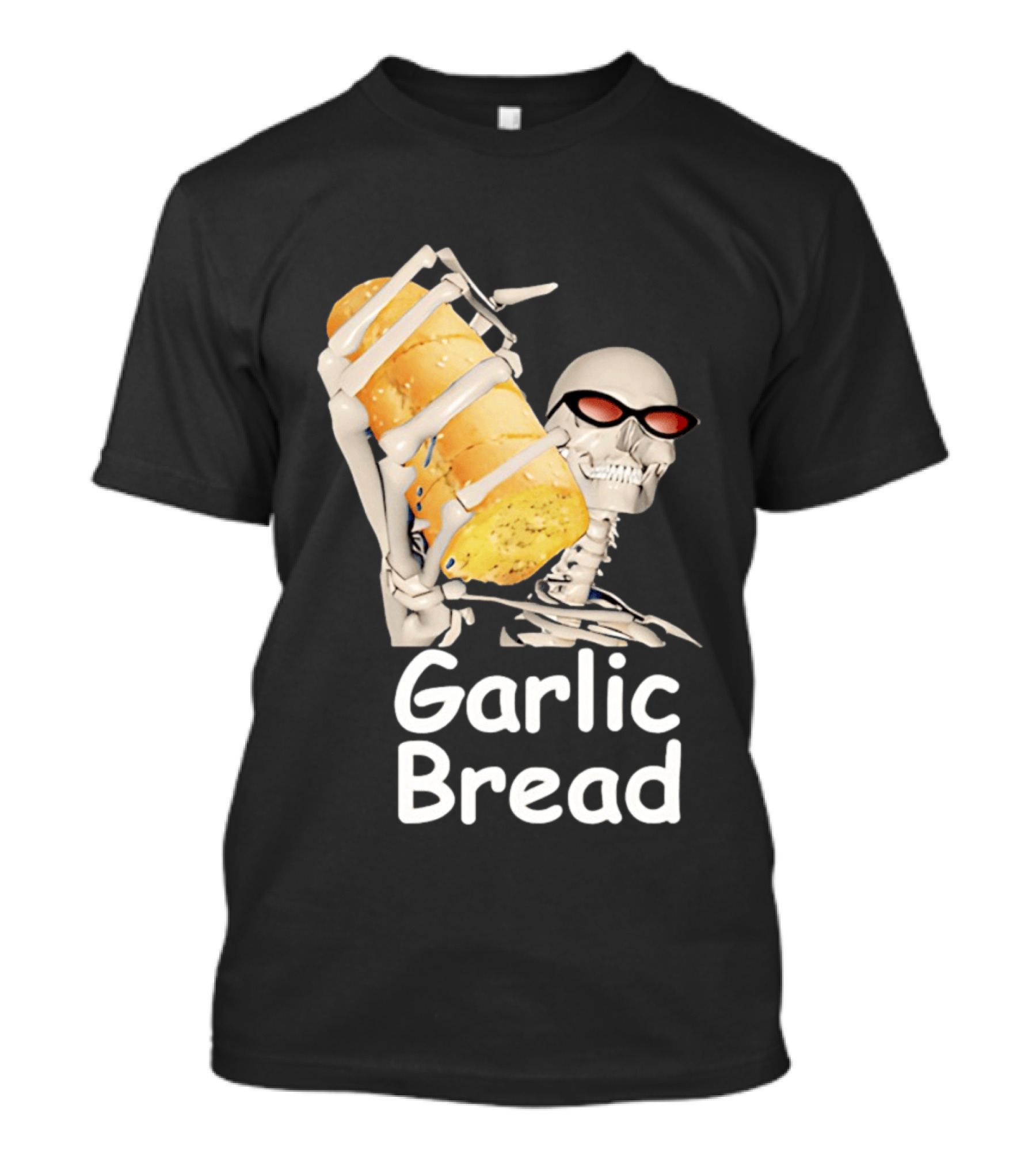 Skeleton Holding Baguette Garlic Bread Wearing Sunglasses T-Shirt