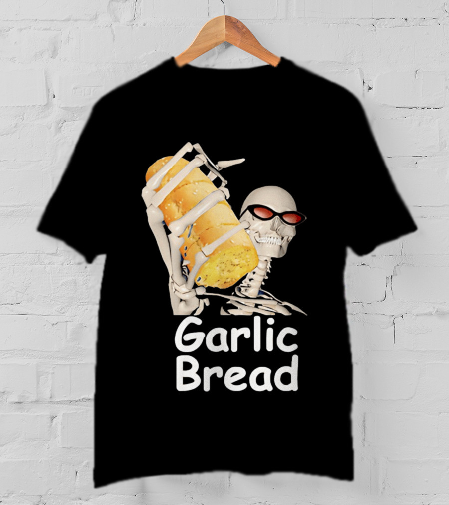 Skeleton Holding Baguette Garlic Bread Wearing Sunglasses T-Shirt