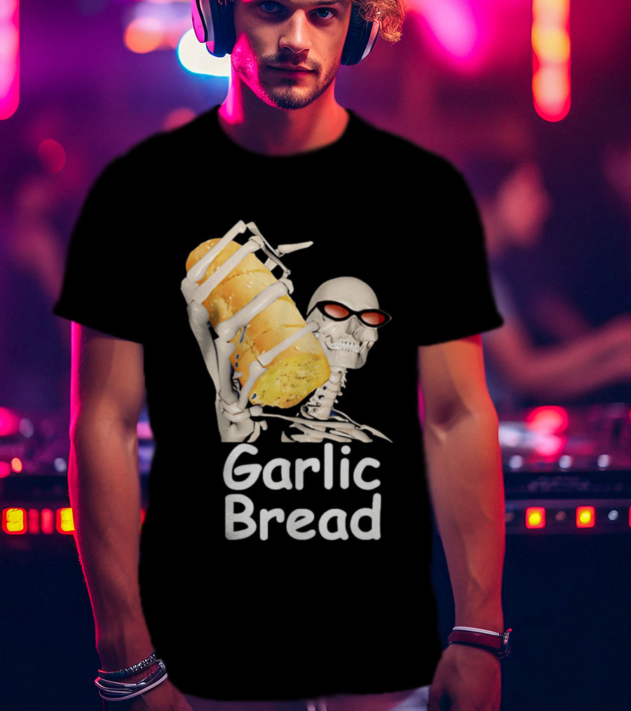 Skeleton Holding Baguette Garlic Bread Wearing Sunglasses T-Shirt