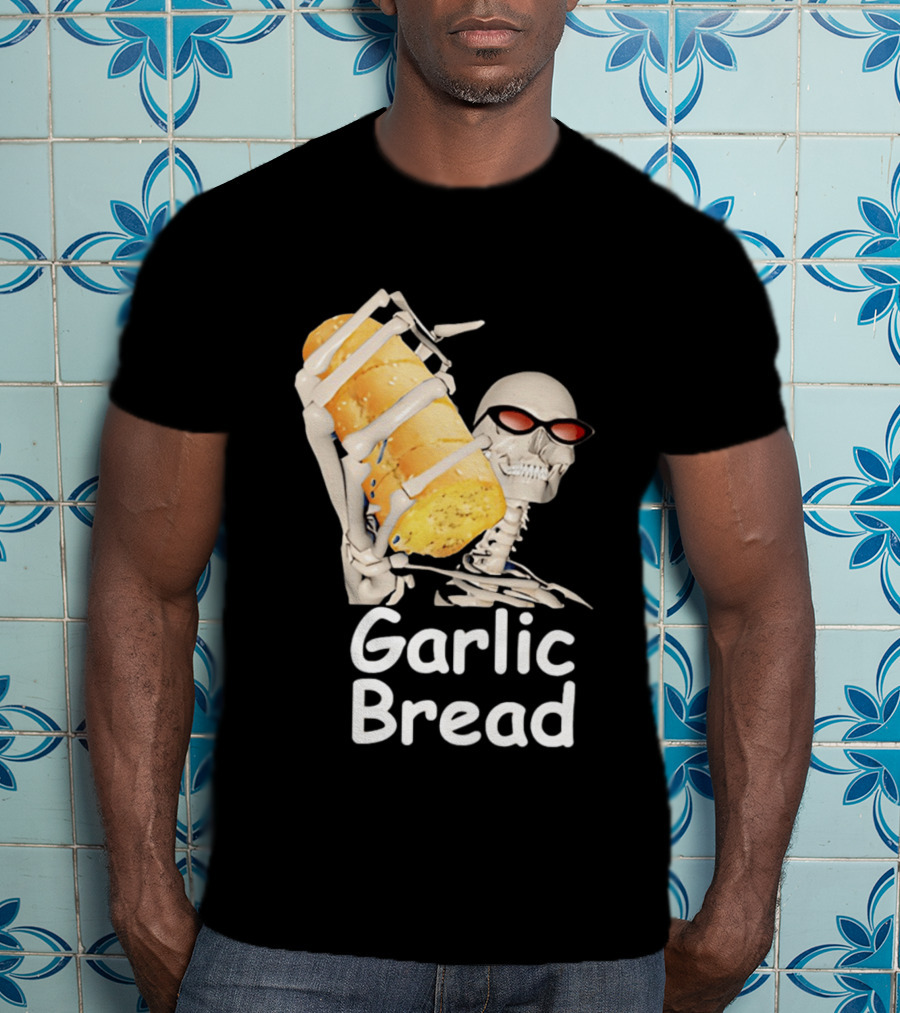 Skeleton Holding Baguette Garlic Bread Wearing Sunglasses T-Shirt