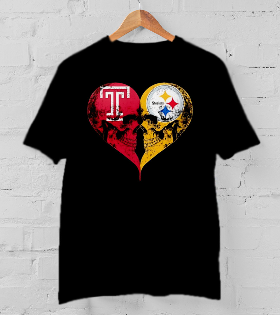 Temple Owls Pittsburgh Steelers Skulls Heart Shape Distressed T-Shirt