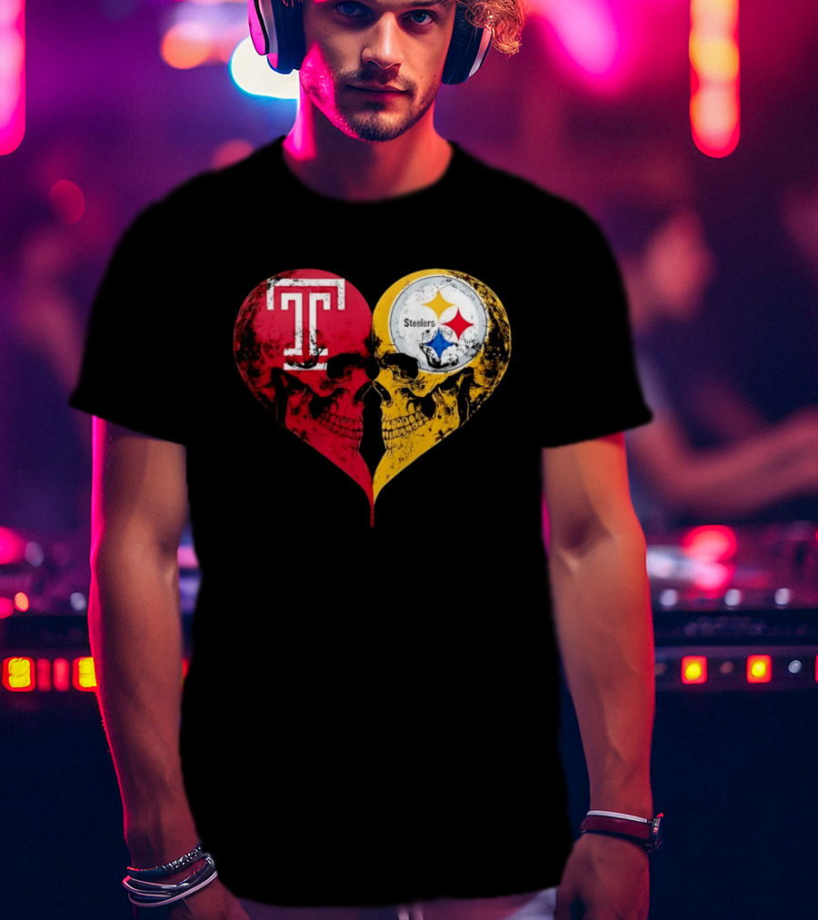 Temple Owls Pittsburgh Steelers Skulls Heart Shape Distressed T-Shirt