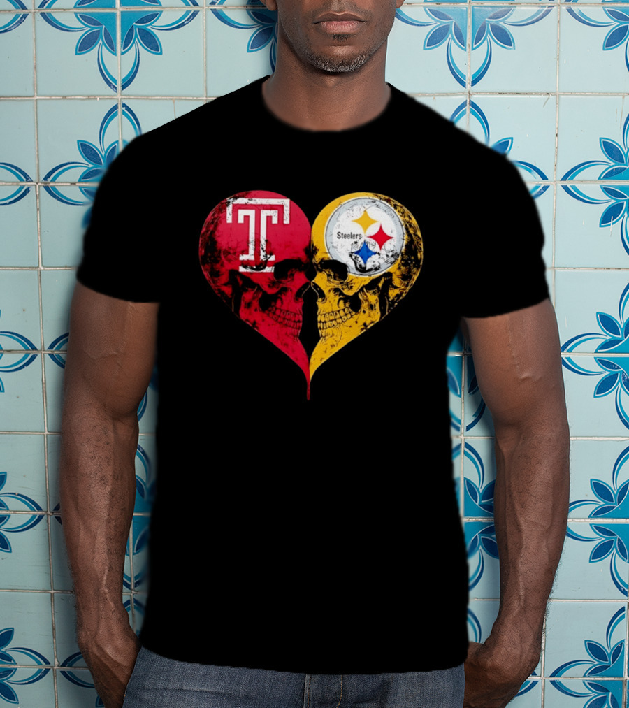 Temple Owls Pittsburgh Steelers Skulls Heart Shape Distressed T-Shirt