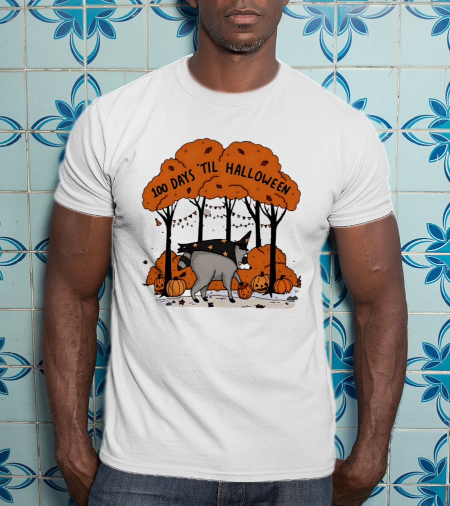 100 Days 'til Halloween Raccoon Wizard Costume In Pumpkin Patch Forest T-Shirt