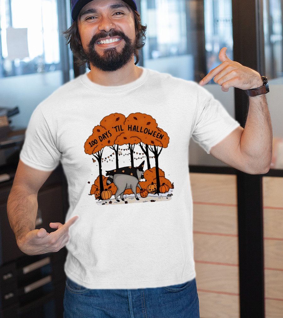 100 Days 'til Halloween Raccoon Wizard Costume In Pumpkin Patch Forest T-Shirt