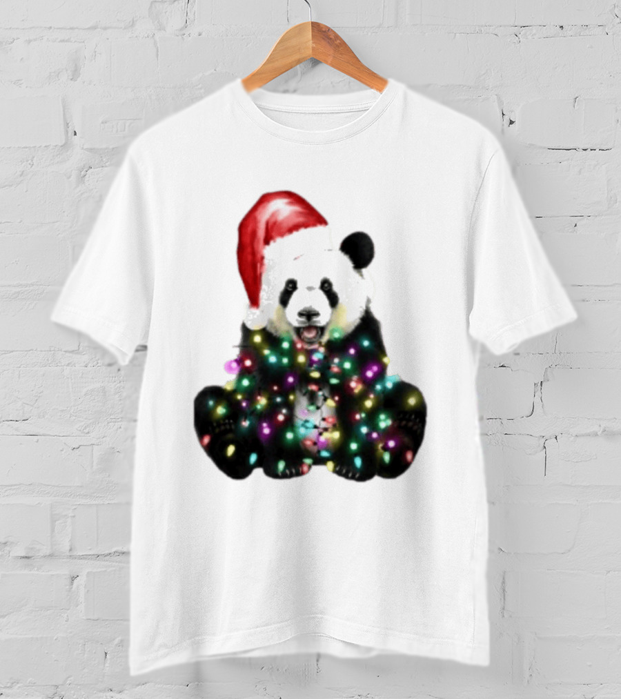 Panda With Christmas Lights And Santa Hat Holiday Animals T-Shirt
