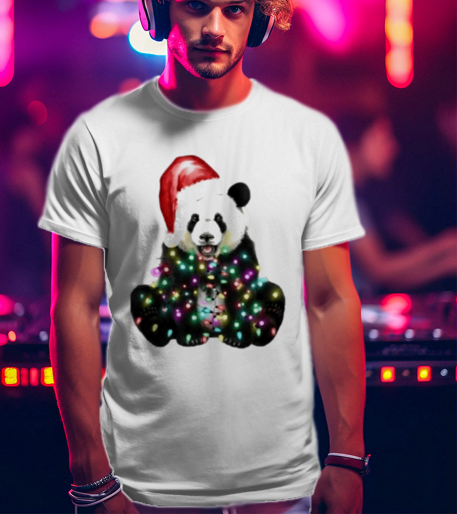 Panda With Christmas Lights And Santa Hat Holiday Animals T-Shirt