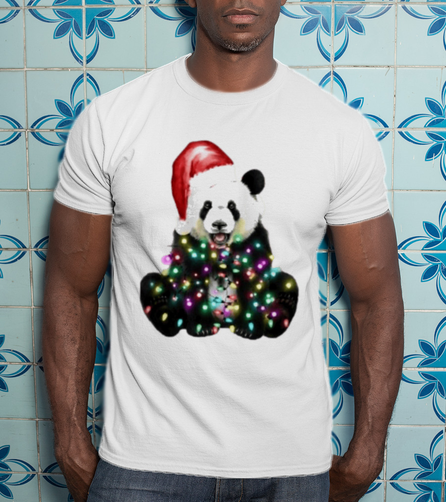 Panda With Christmas Lights And Santa Hat Holiday Animals T-Shirt