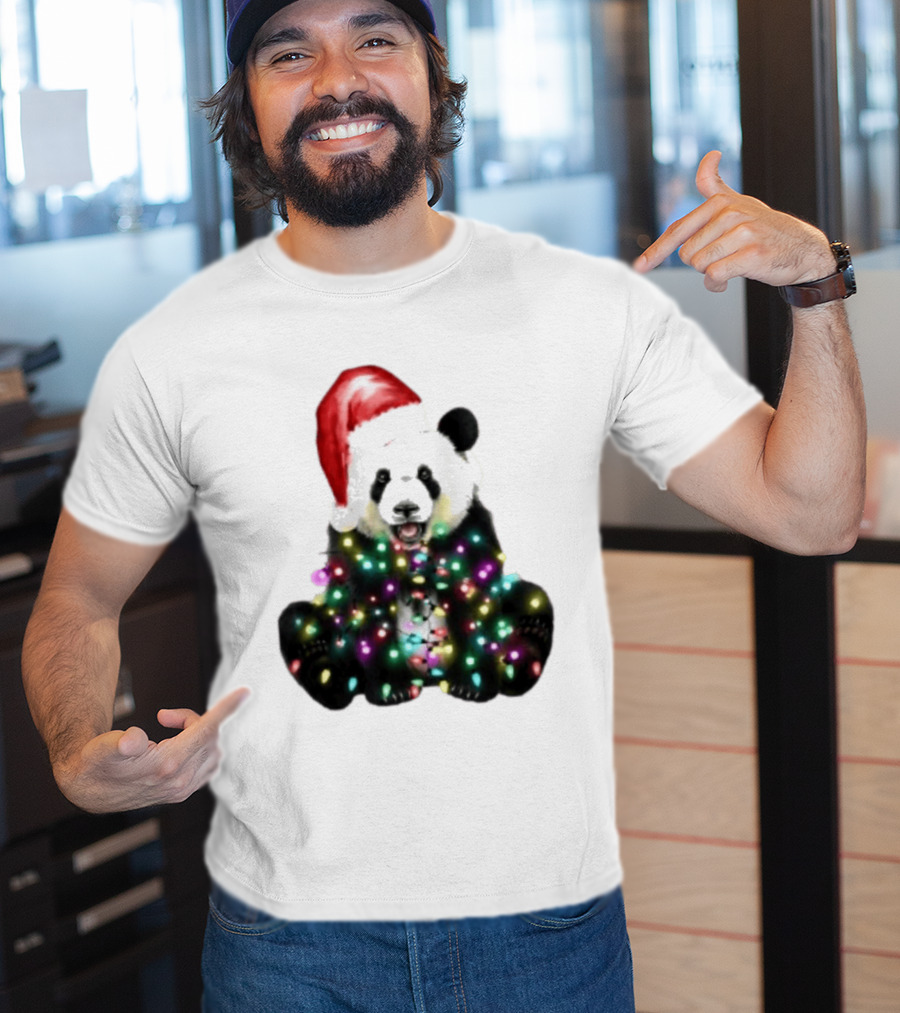 Panda With Christmas Lights And Santa Hat Holiday Animals T-Shirt
