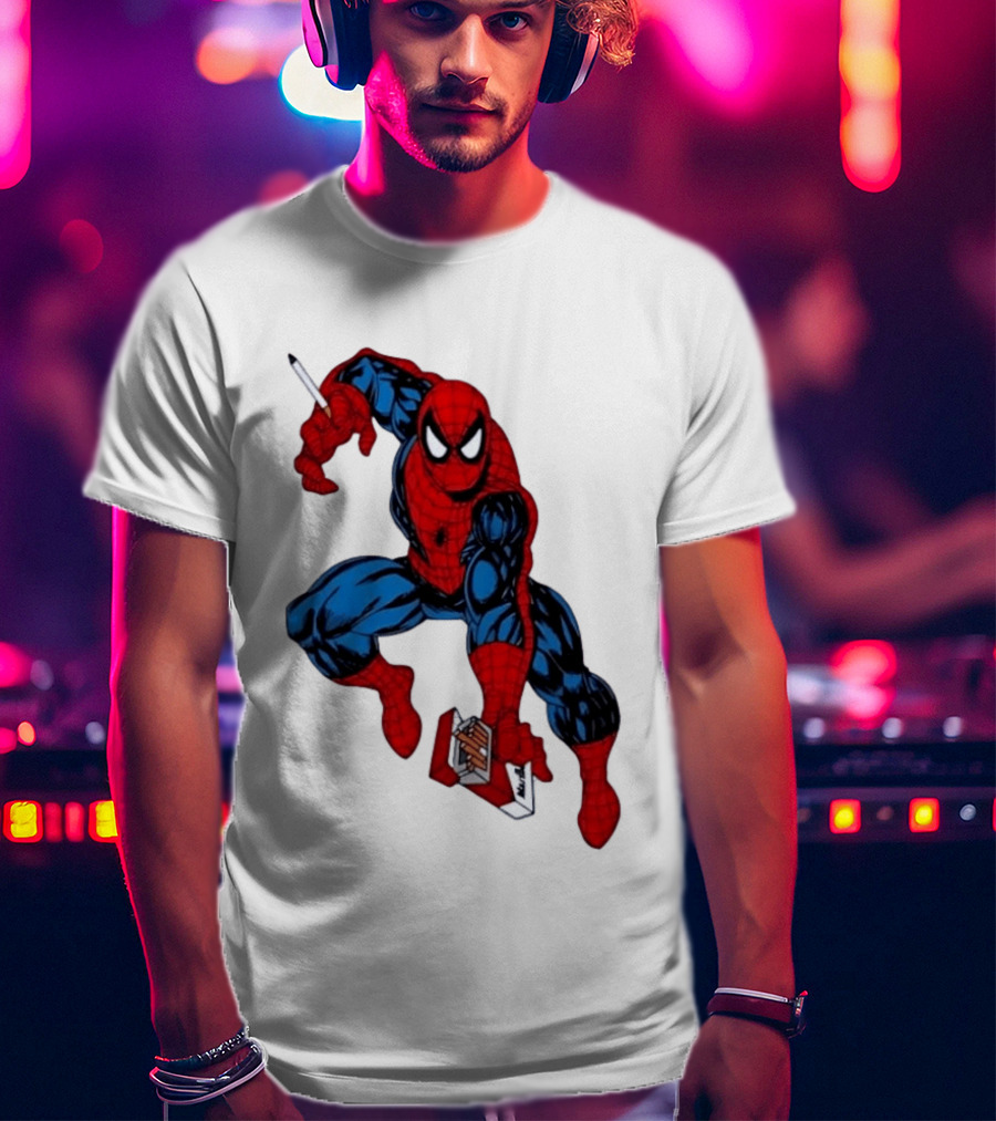 Marlboro Spider Man Crouching Holding Cigarette Packcartoon T-Shirt