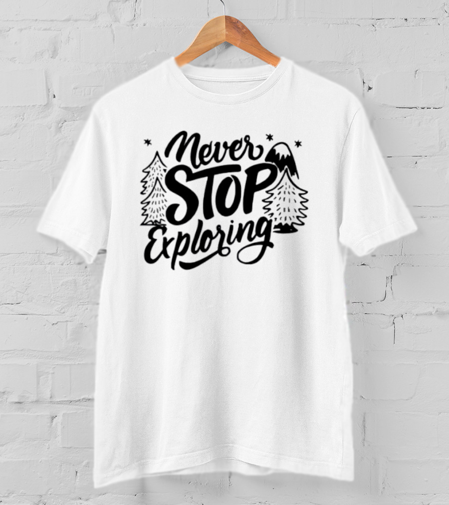 Never Stop Exploring Pine Trees Snowy Mountain Peak Stars T-Shirt